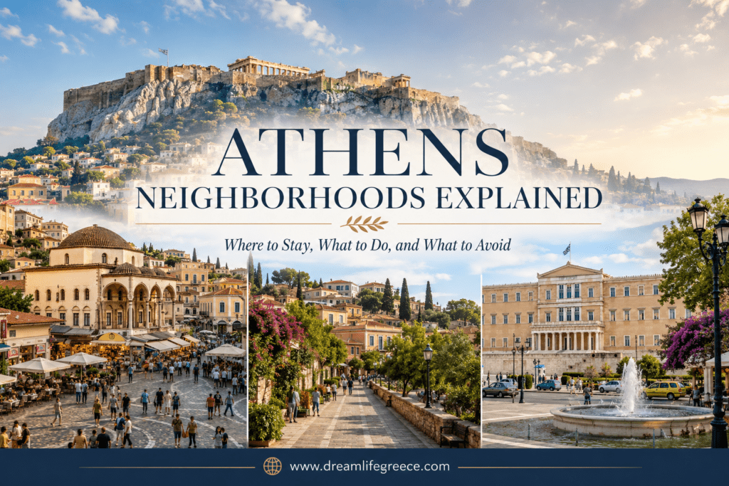 Athens neighborhoods guide cover image showing the Acropolis skyline and a city center map style view for where to stay in Athens